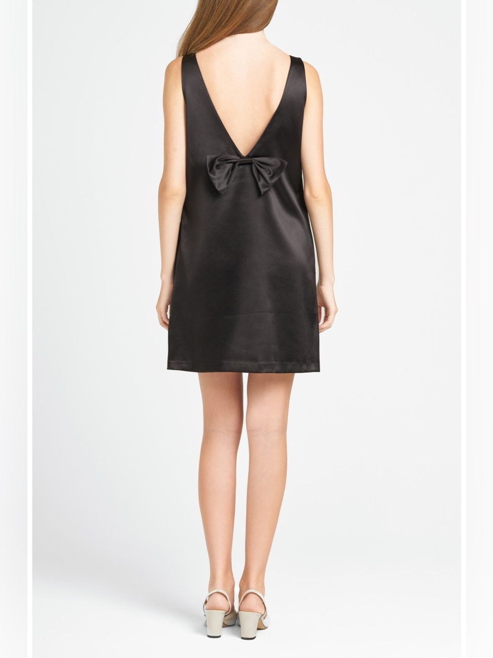 Wayf Black Satin V-Back Bow Shift Dress